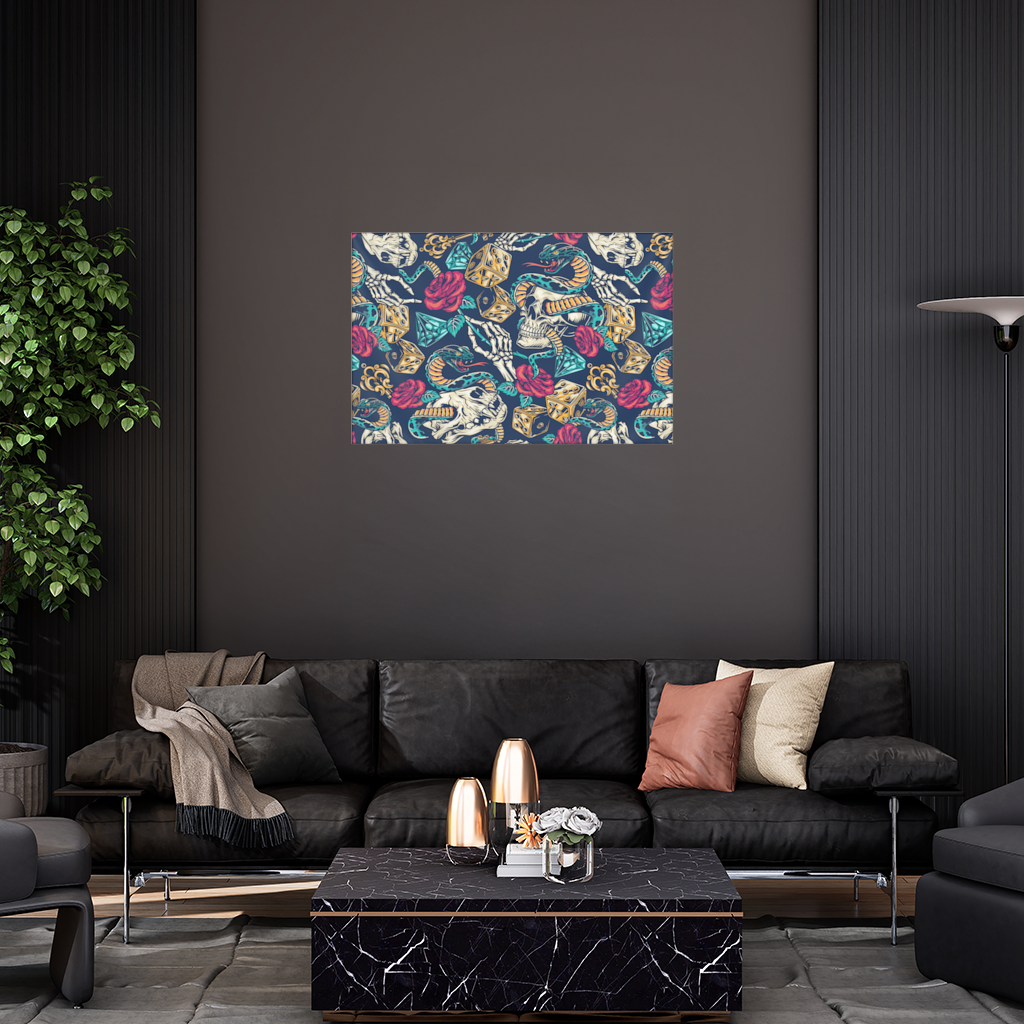 Skull Snake Dice and Roses Pattern Wall Tapestry