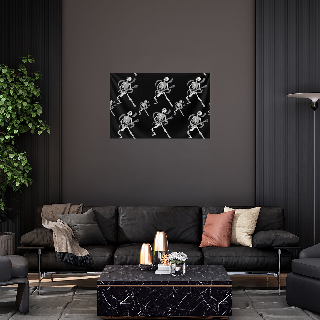 Rock Guitar Playing Skeleton Pattern on Black 