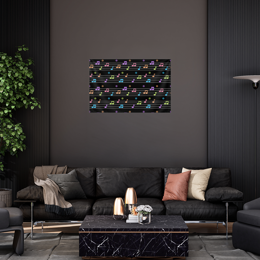 Neon Renkli Müzik Notaları ve Ritim Desenli Modern Tasarım Duvar Örtüsü