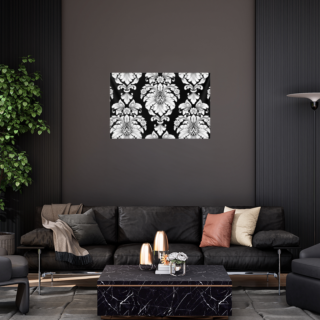 Black and White Baroque Floral Pattern Wall Tapestry