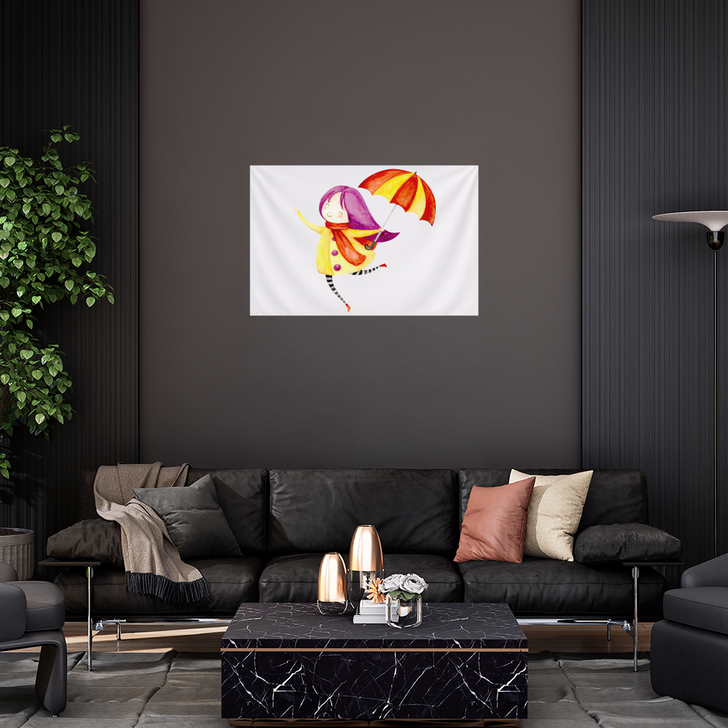 Şemsiyeli Neşeli Kız Çizimi Duvar Örtüsü