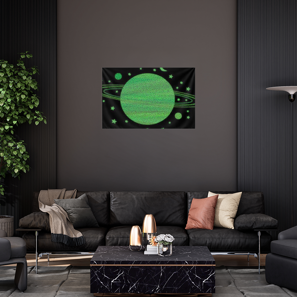 Green planets on a black background. Wall Tapestry