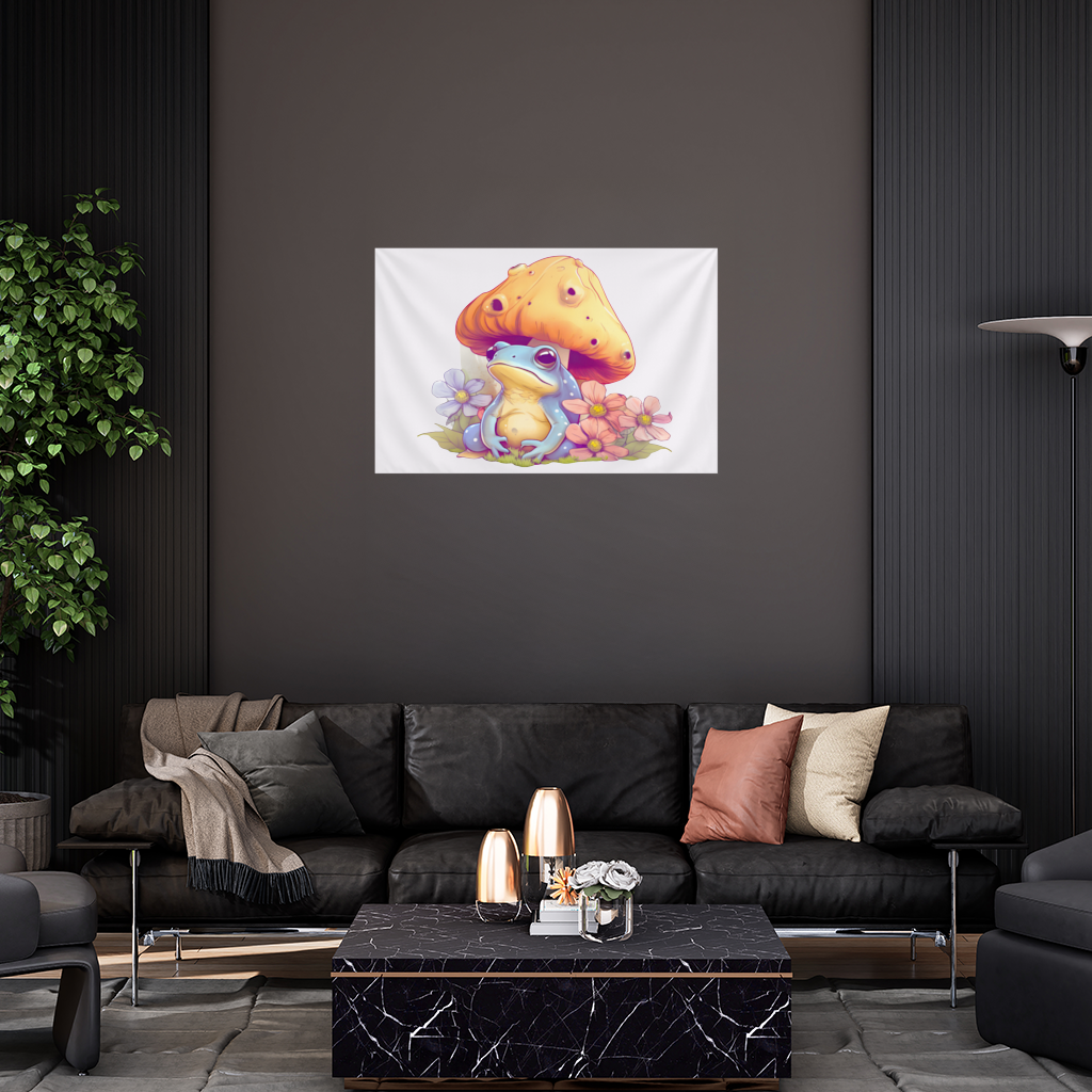 Blue Frog Resting Under Orange Mushroom Wall Tapestry