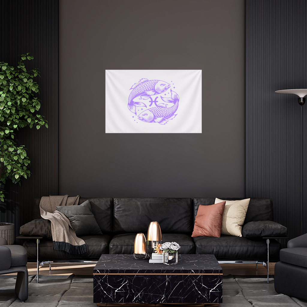Pisces Zodiac Symbol with Purple Fish Art Wall Tapestry