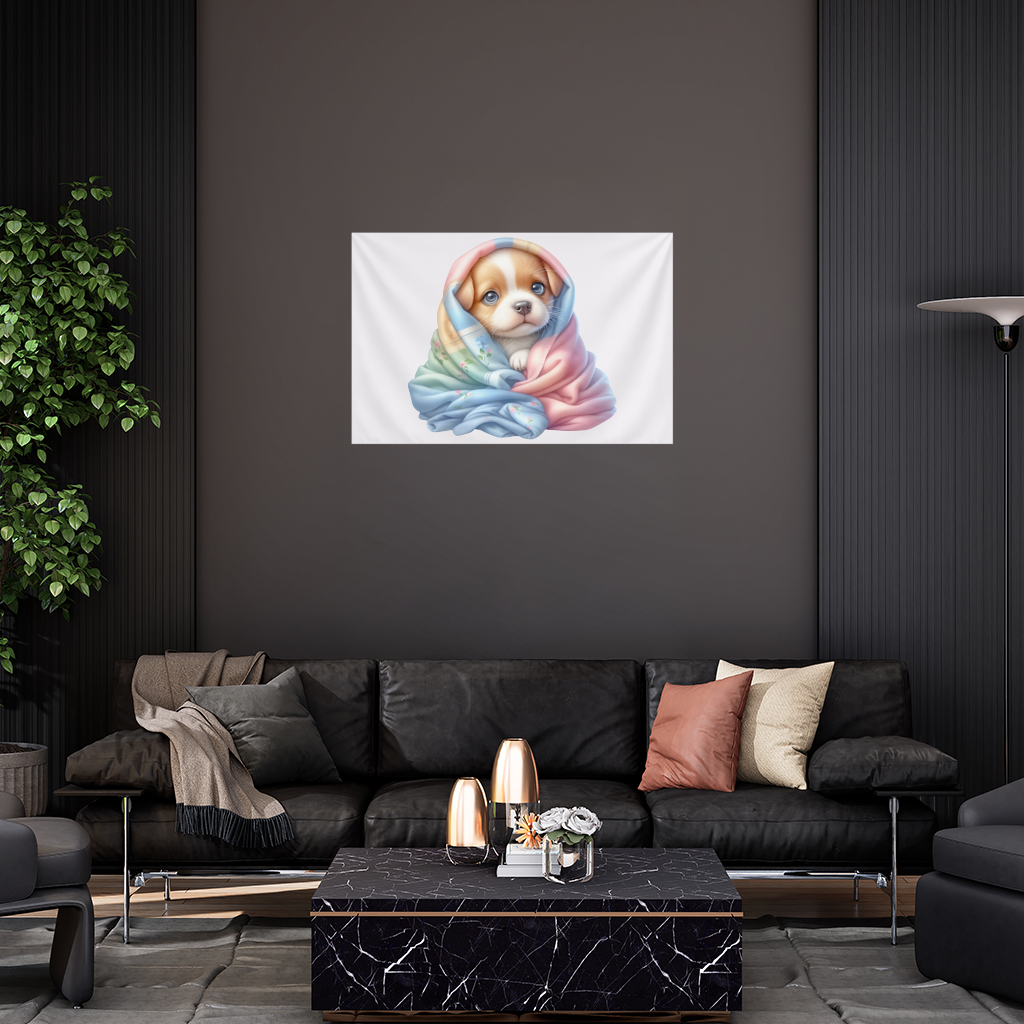 Cute Puppy Wrapped in Colorful Blanket Wall Tapestry