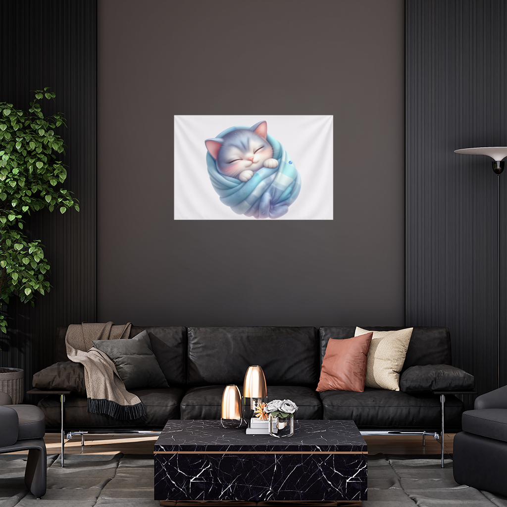 Kawaii Sleeping Kitten in Blue Swaddle Wall Tapestry