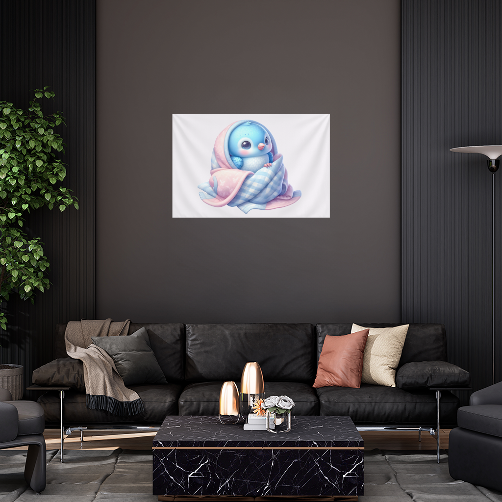 Kawaii Blue Bird in Blanket Wall Tapestry