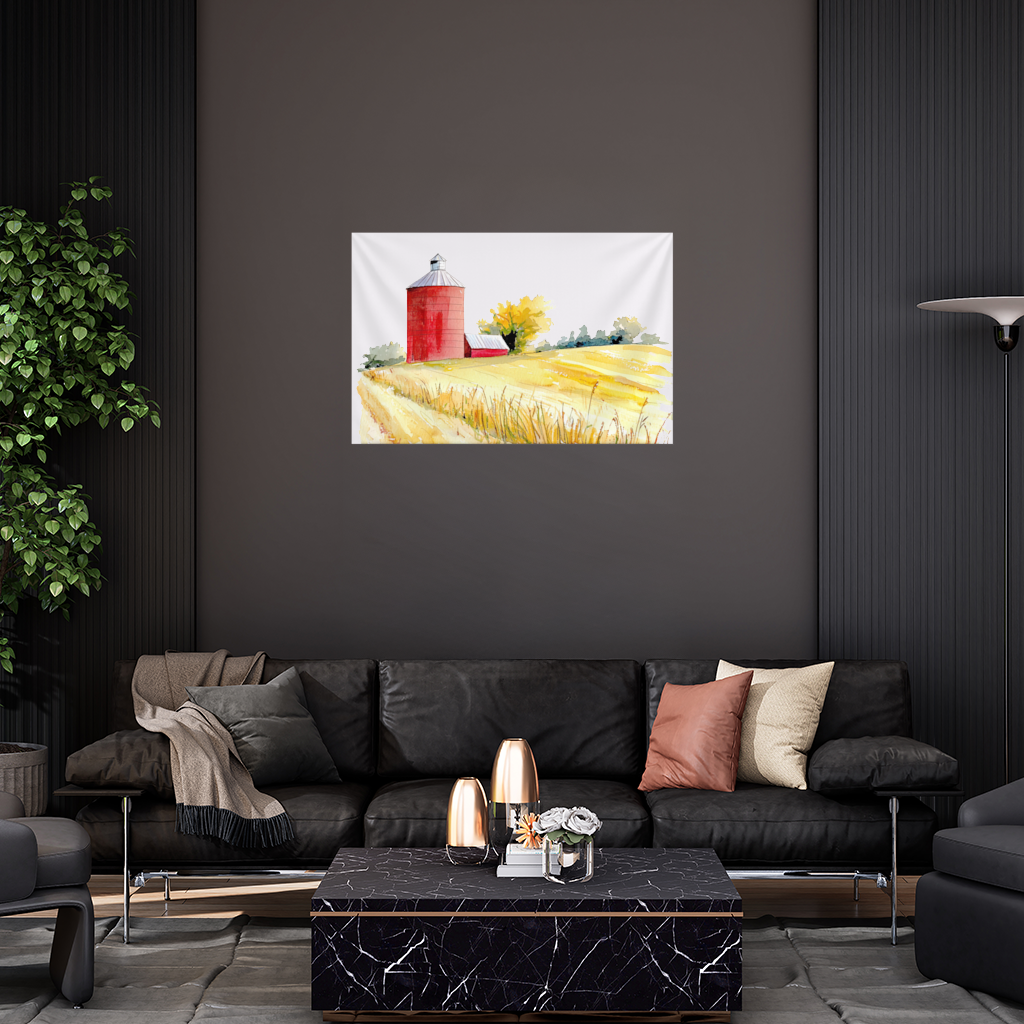 Red Farm Silo and Golden Wheat Field Wall Tapestry