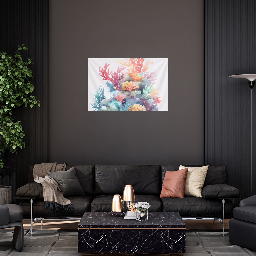 Vibrant Watercolor Coral Reef Scene Wall Tapestry