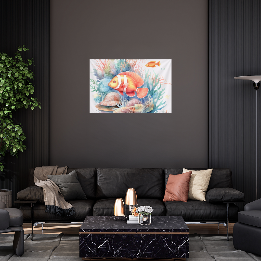 Watercolor Clownfish and Tropical Coral Reef Wall Tapestry