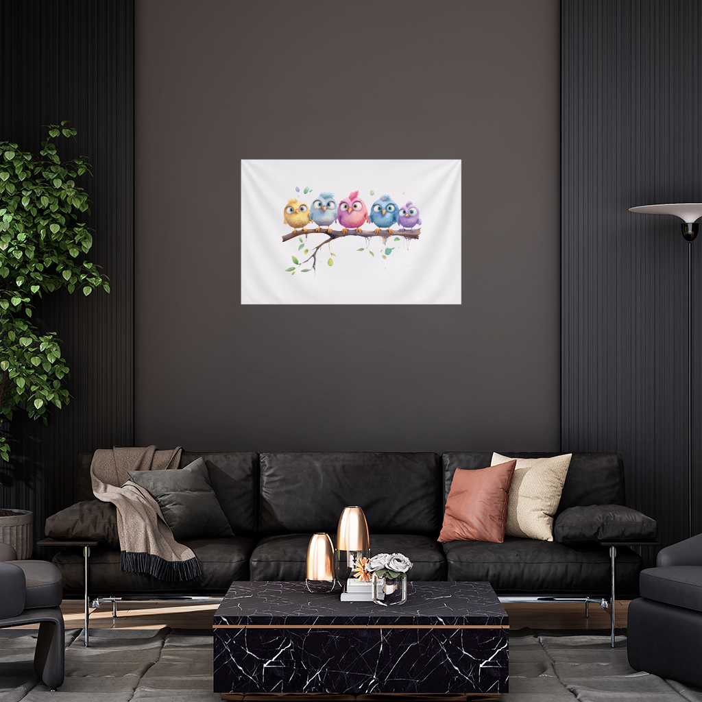 Five Colorful Kawaii Birds on Branch 