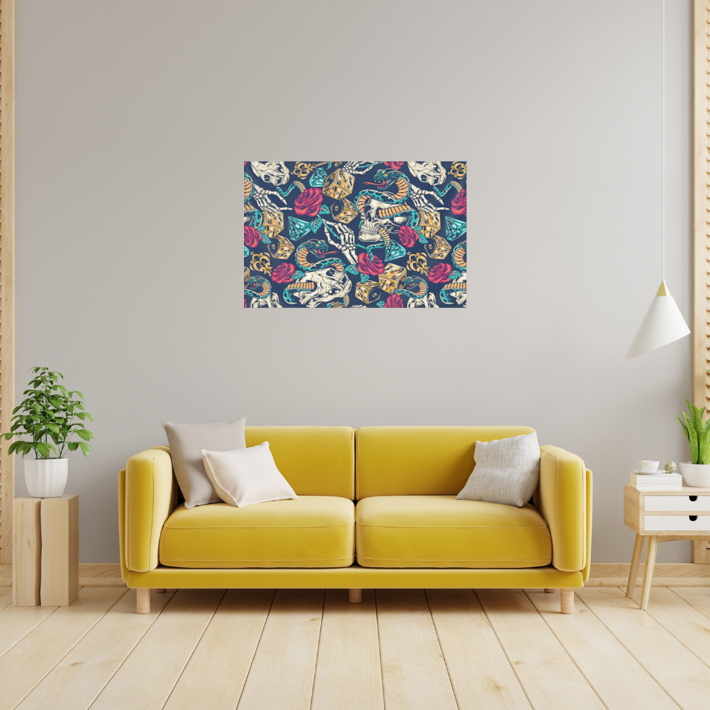Skull Snake Dice and Roses Pattern Wall Tapestry