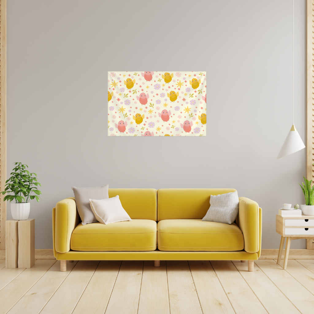 Cute Birds and Floral Pastel Spring Pattern Illustration Wall Tapestry