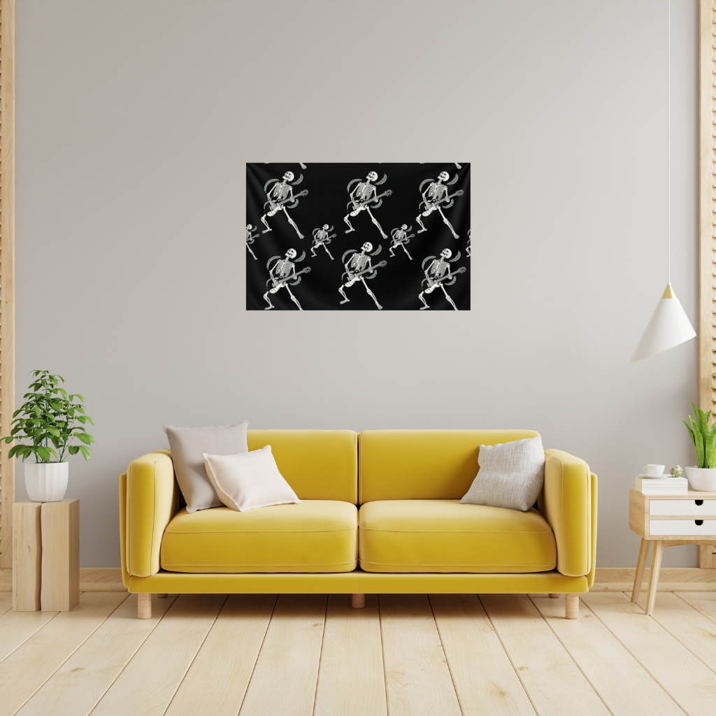 Rock Guitar Playing Skeleton Pattern on Black Wall Tapestry