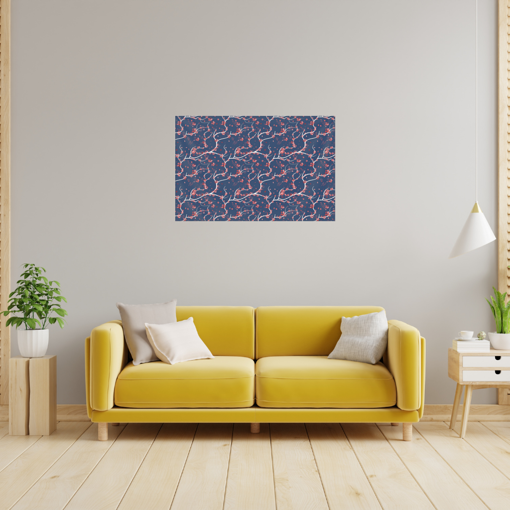 Red Floral Branch Pattern on Navy Background 