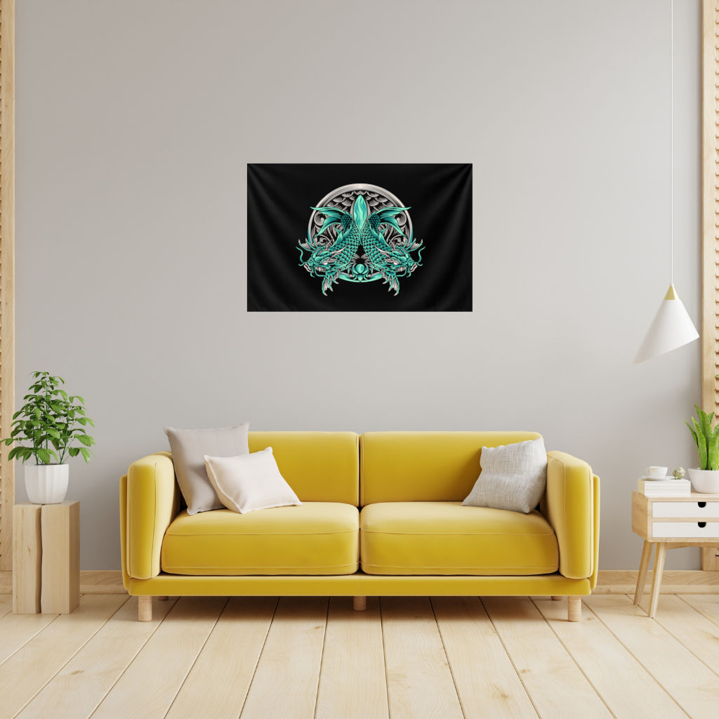 Turquoise Twin Dragon Emblem Design Wall Tapestry