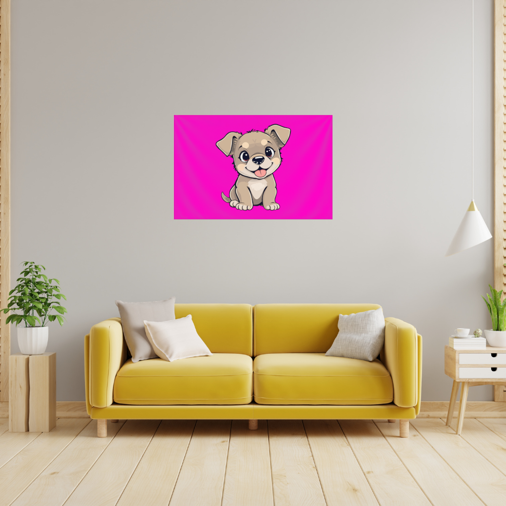 Pembe Arka Planlı Sevimli Köpek Çizimi Duvar Örtüsü