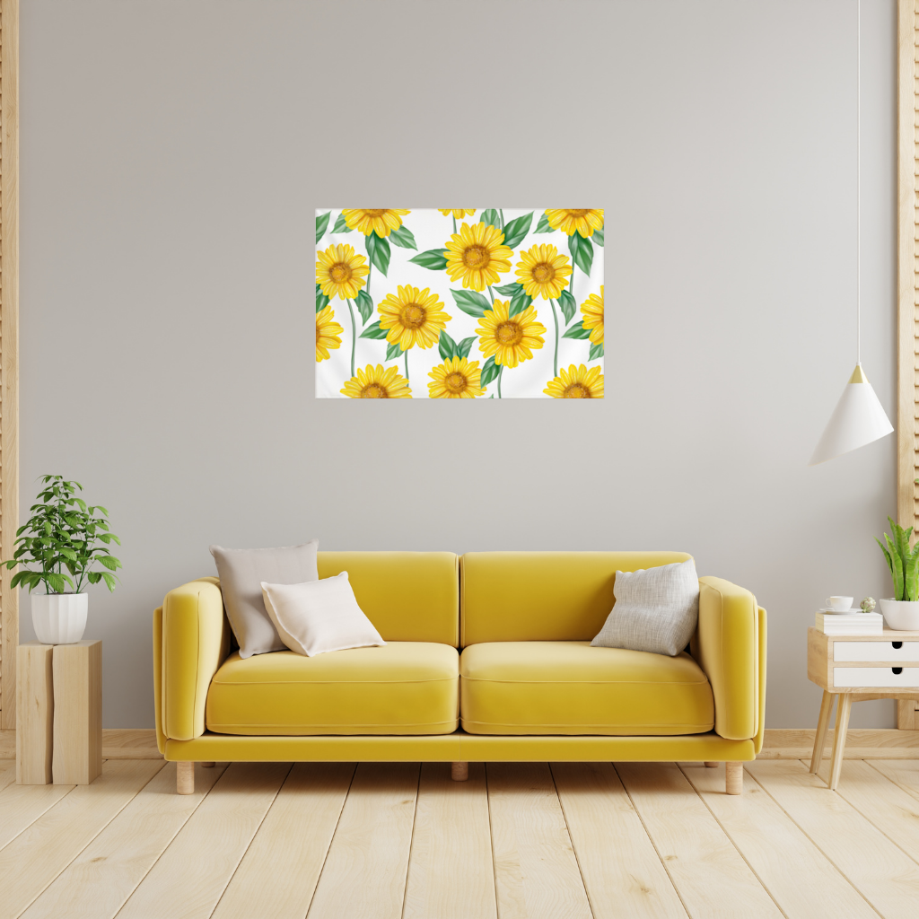 Canlı Sarı Ayçiçeği ve Yeşil Yaprak Desenli İllüstrasyon Duvar Örtüsü