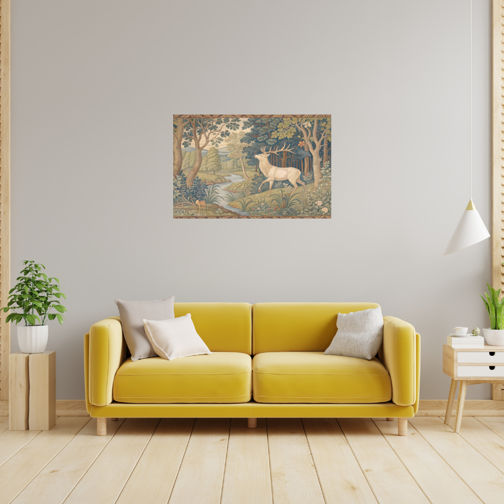 Noble Deer in Forest Landscape Classic Art Illustration Wall Tapestry