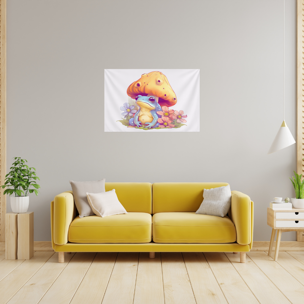 Blue Frog Resting Under Orange Mushroom Wall Tapestry