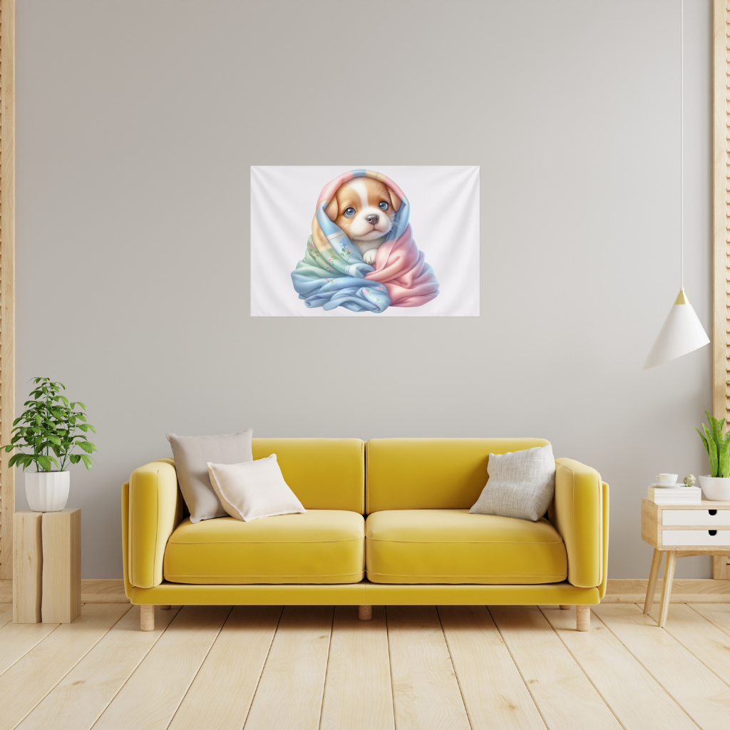 Cute Puppy Wrapped in Colorful Blanket Wall Tapestry