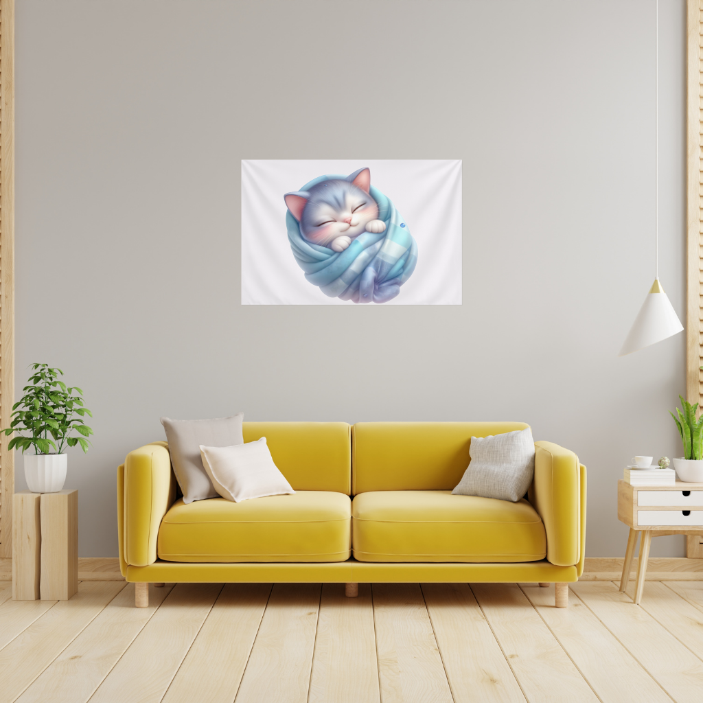 Kawaii Sleeping Kitten in Blue Swaddle Wall Tapestry