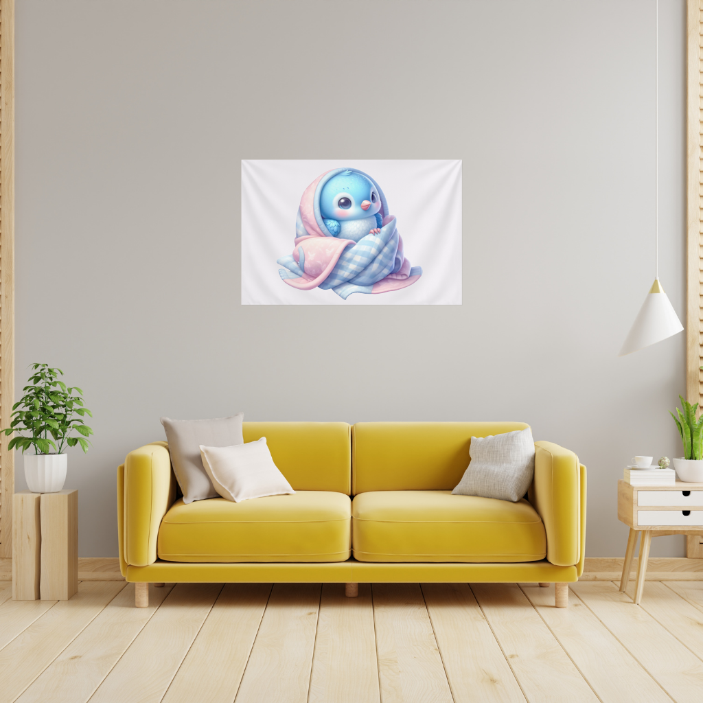 Kawaii Blue Bird in Blanket Wall Tapestry