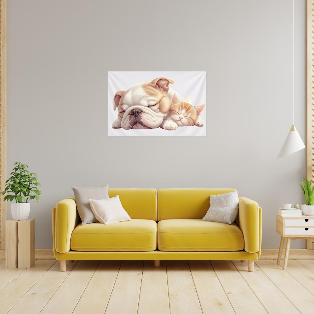 Sleeping Bulldog and Ginger Kitten Wall Tapestry