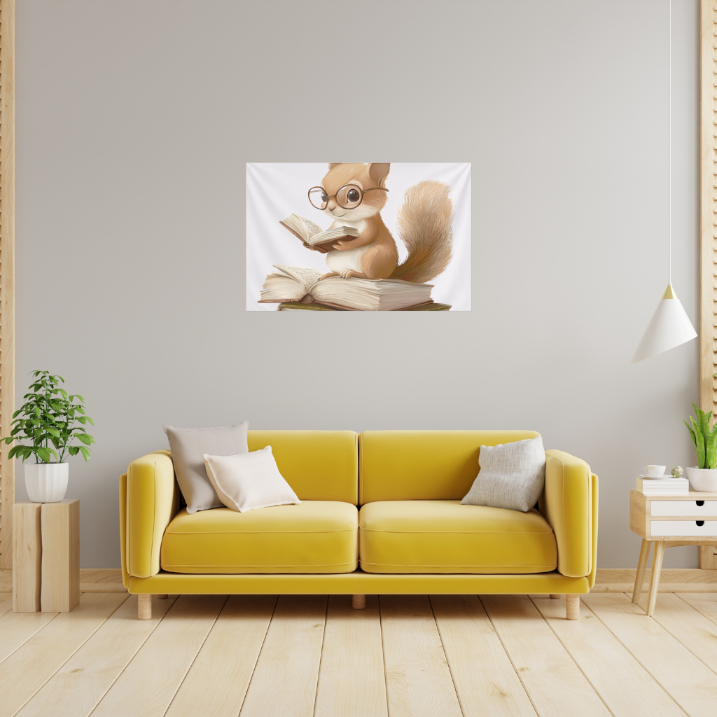 Scholarly Squirrel Reading on Book Stack Wall Tapestry
