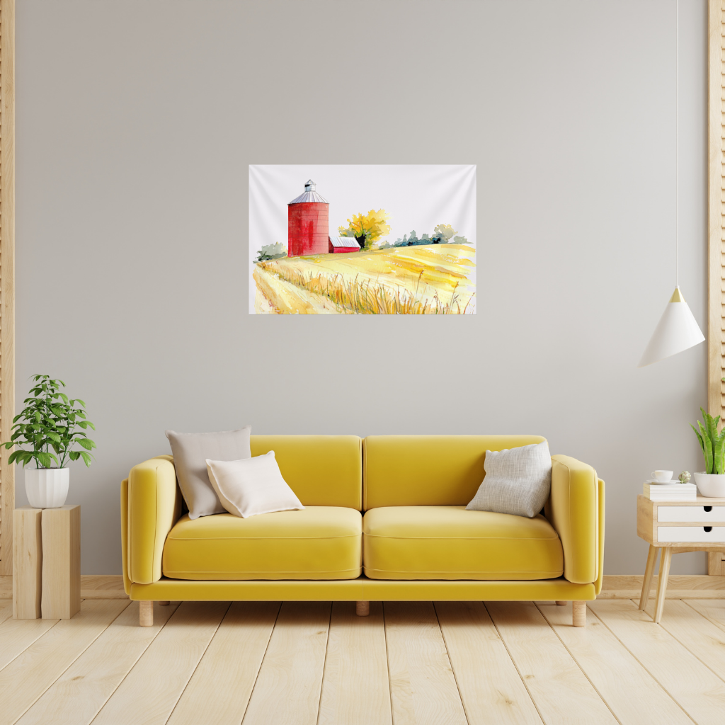 Red Farm Silo and Golden Wheat Field Wall Tapestry