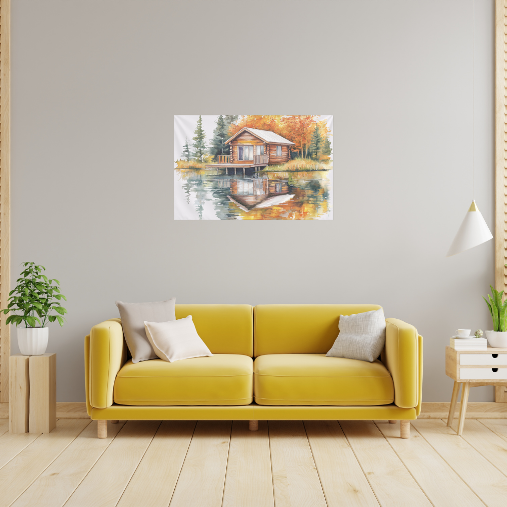 Lakeside Log Cabin Autumn Landscape Wall Tapestry