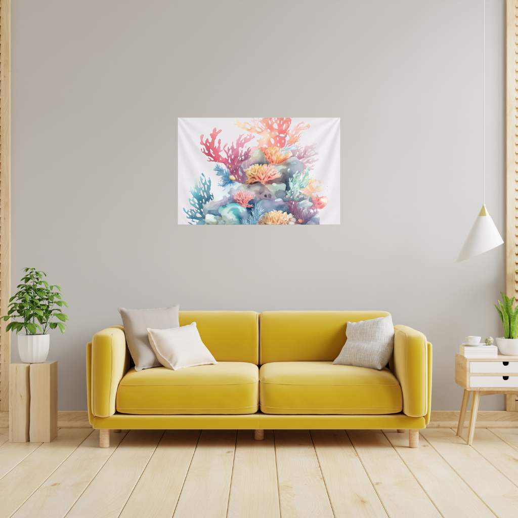 Vibrant Watercolor Coral Reef Scene Wall Tapestry