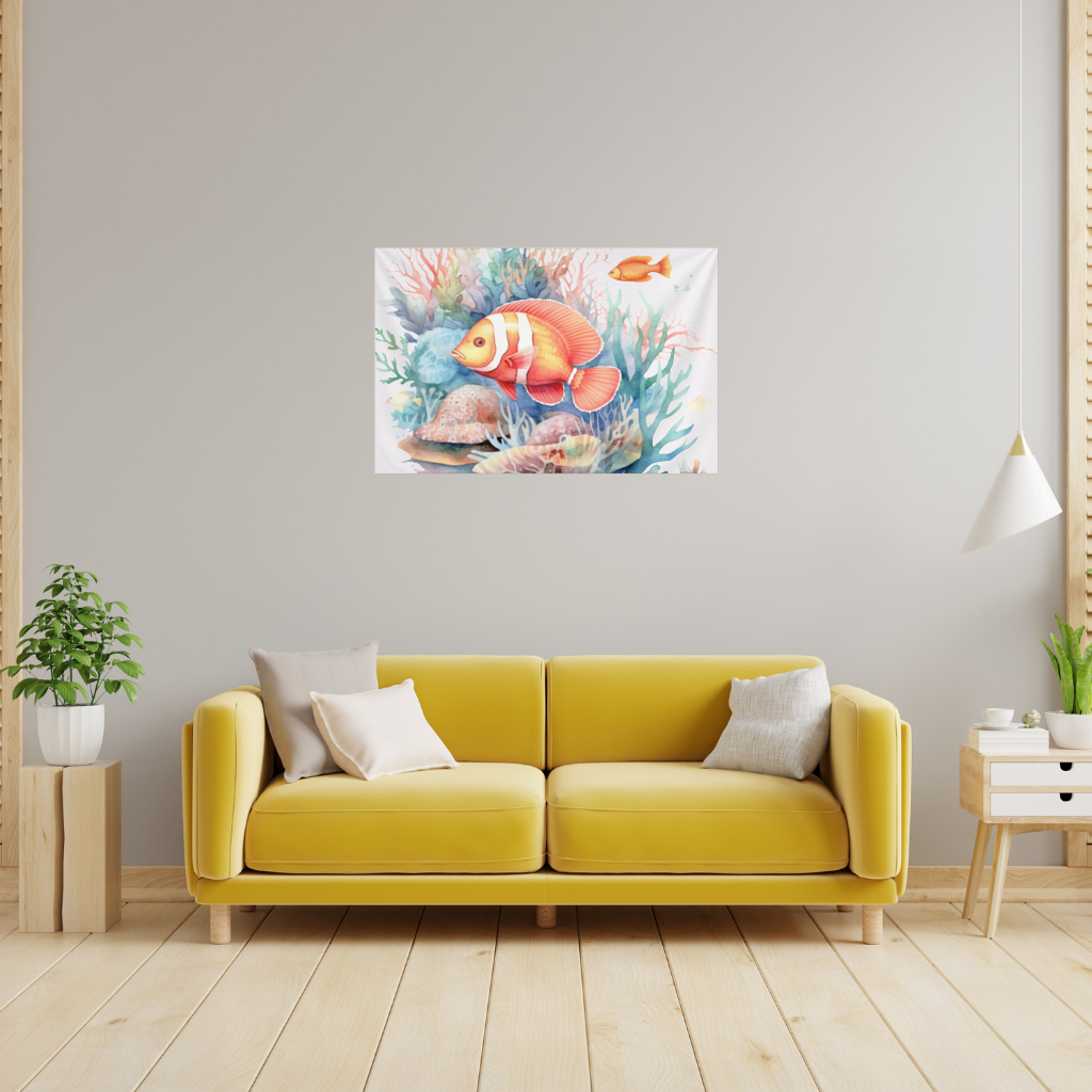 Watercolor Clownfish and Tropical Coral Reef Wall Tapestry