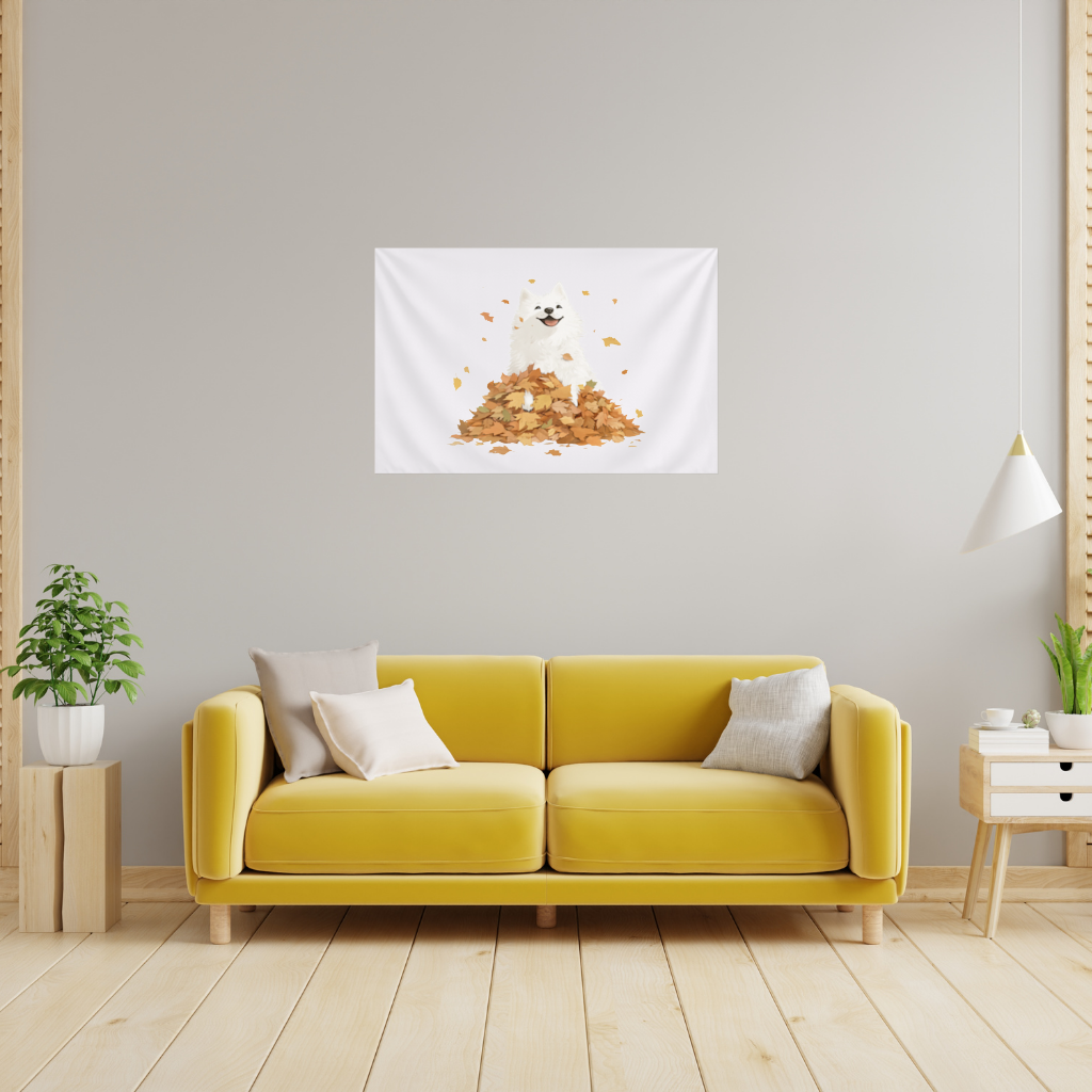 Happy White Dog in Autumn Leaves 