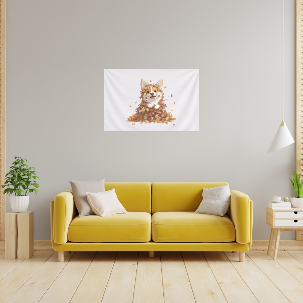 Happy Corgi Puppy in Fall Leaves Wall Tapestry