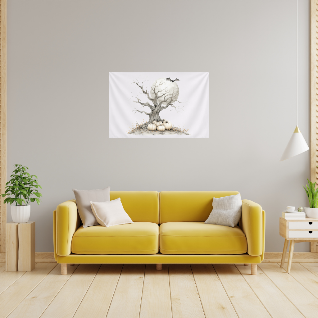 Spooky Tree with White Pumpkins Moon Wall Tapestry
