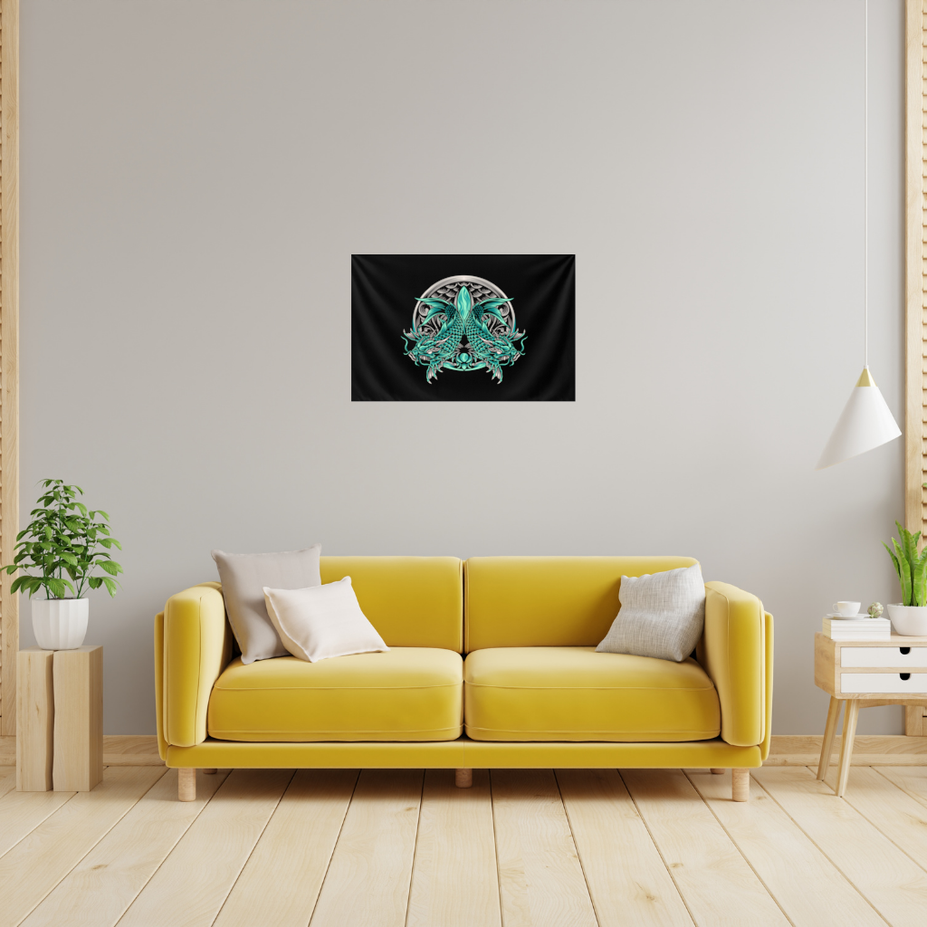 Turquoise Twin Dragon Emblem Design Wall Tapestry