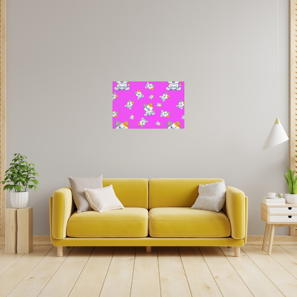Cute Cartoon Cat Pattern on Pink Background Wall Tapestry