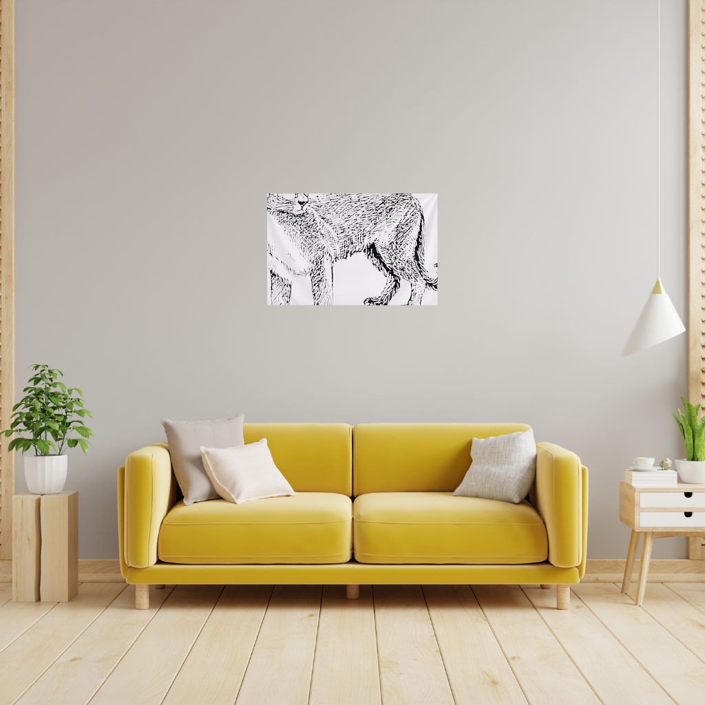 Black and White Wild Cat Sketch Illustration Wall Tapestry