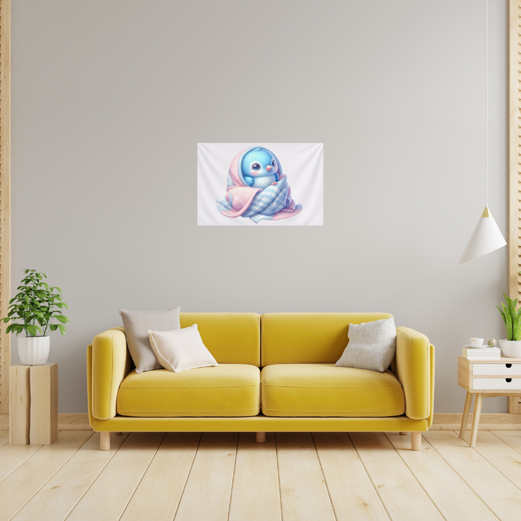 Kawaii Blue Bird in Blanket Wall Tapestry