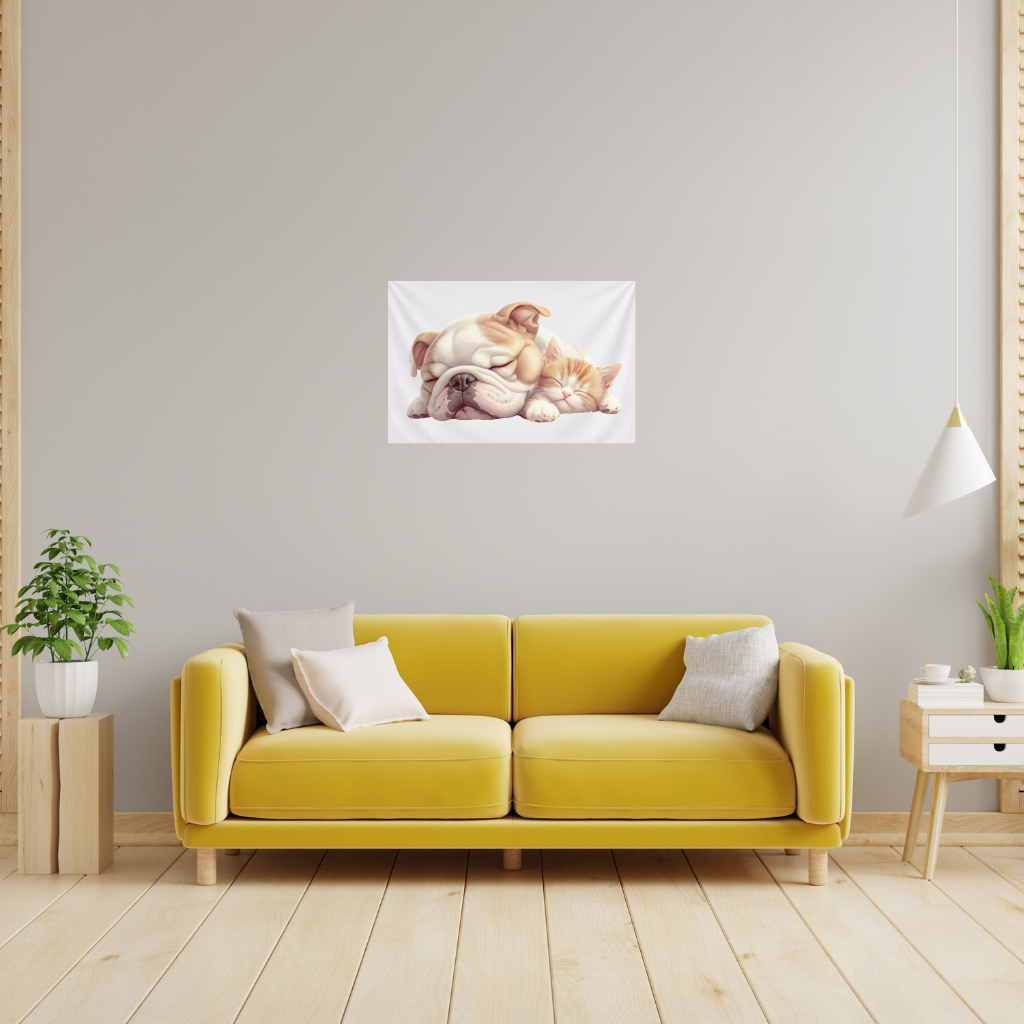 Sleeping Bulldog and Ginger Kitten Wall Tapestry