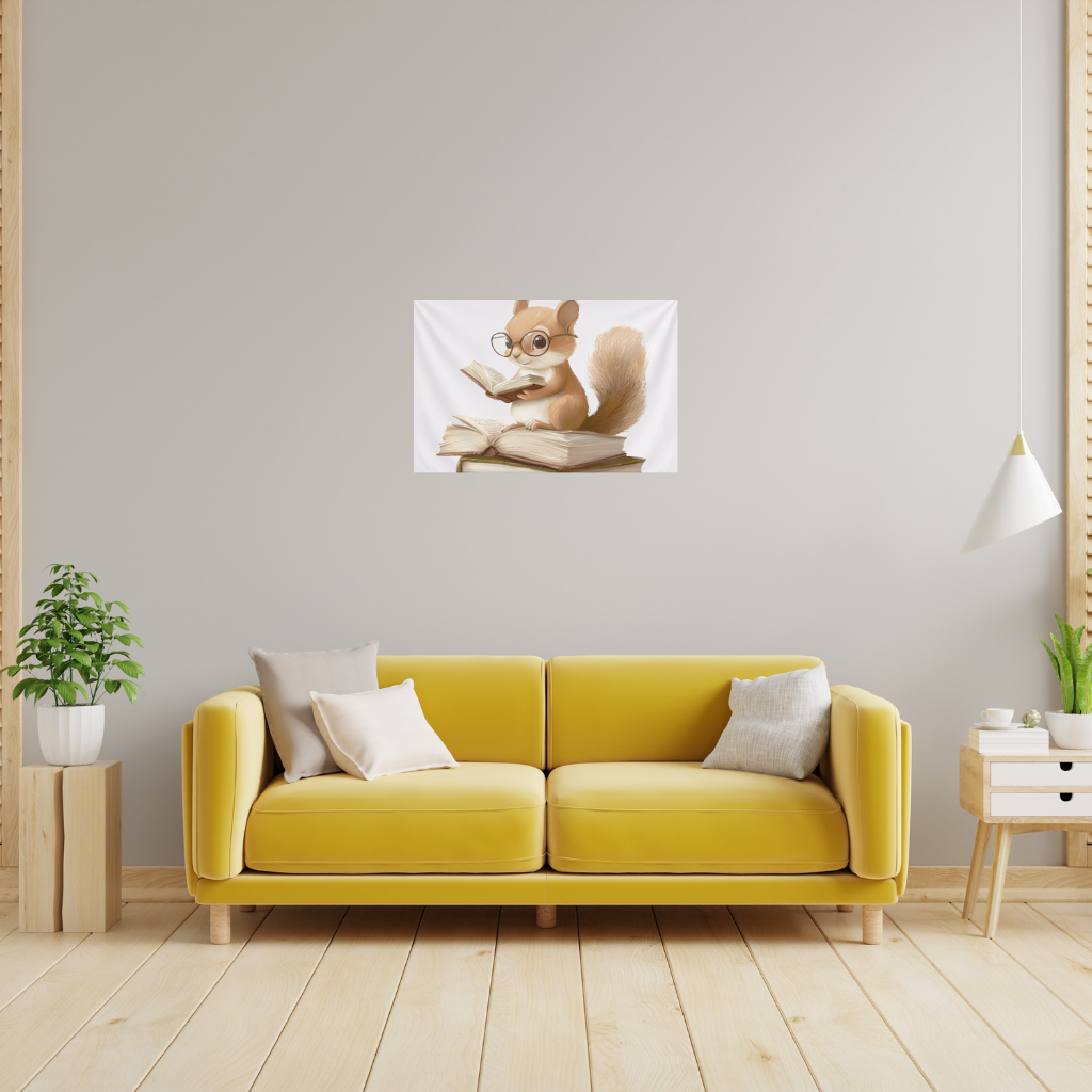 Scholarly Squirrel Reading on Book Stack Wall Tapestry