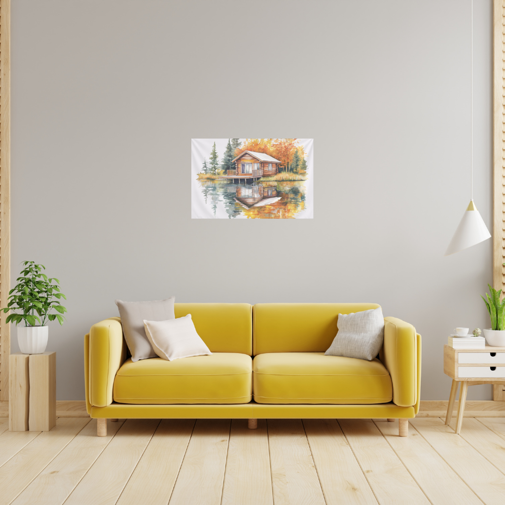 Lakeside Log Cabin Autumn Landscape Wall Tapestry