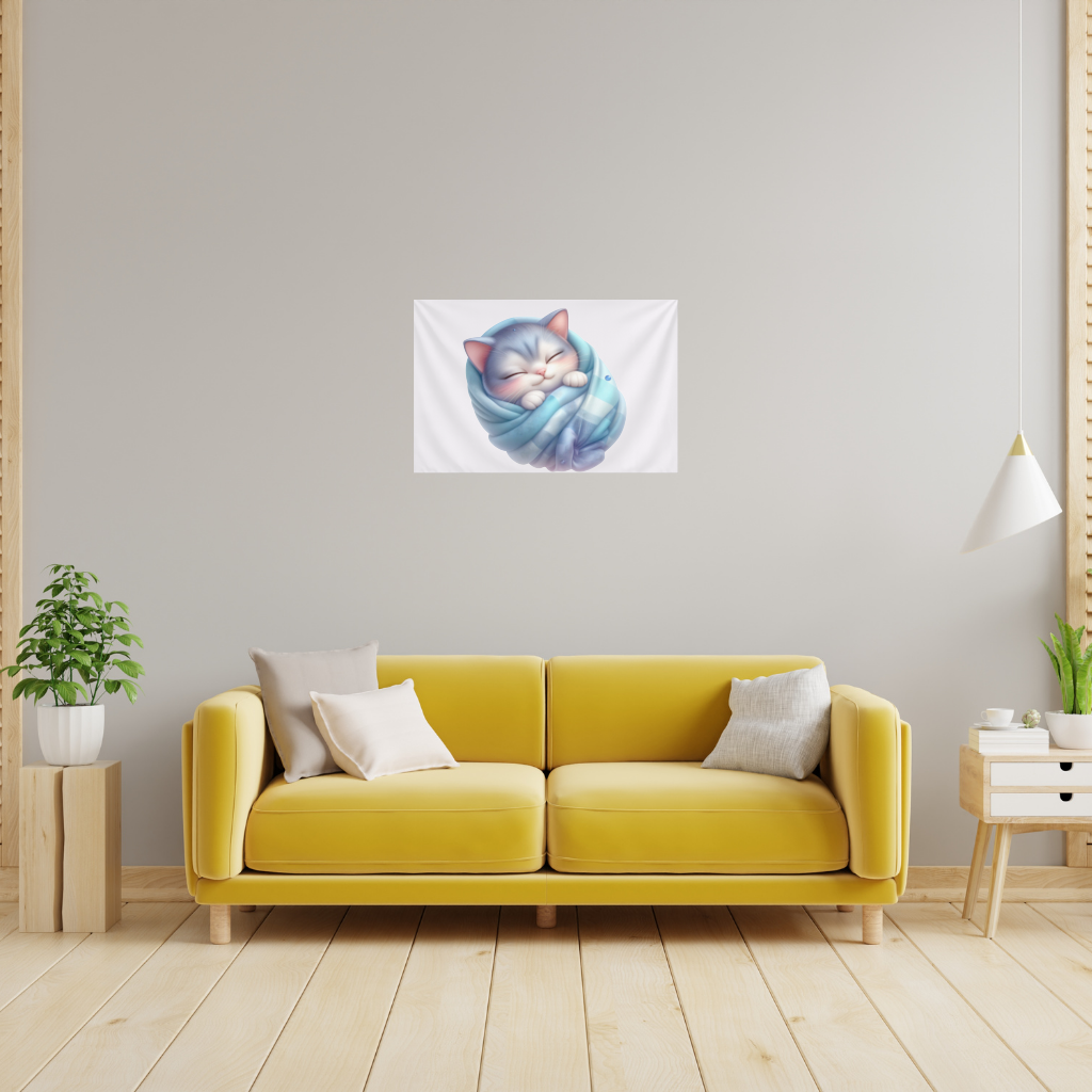 Kawaii Sleeping Kitten in Blue Swaddle Wall Tapestry