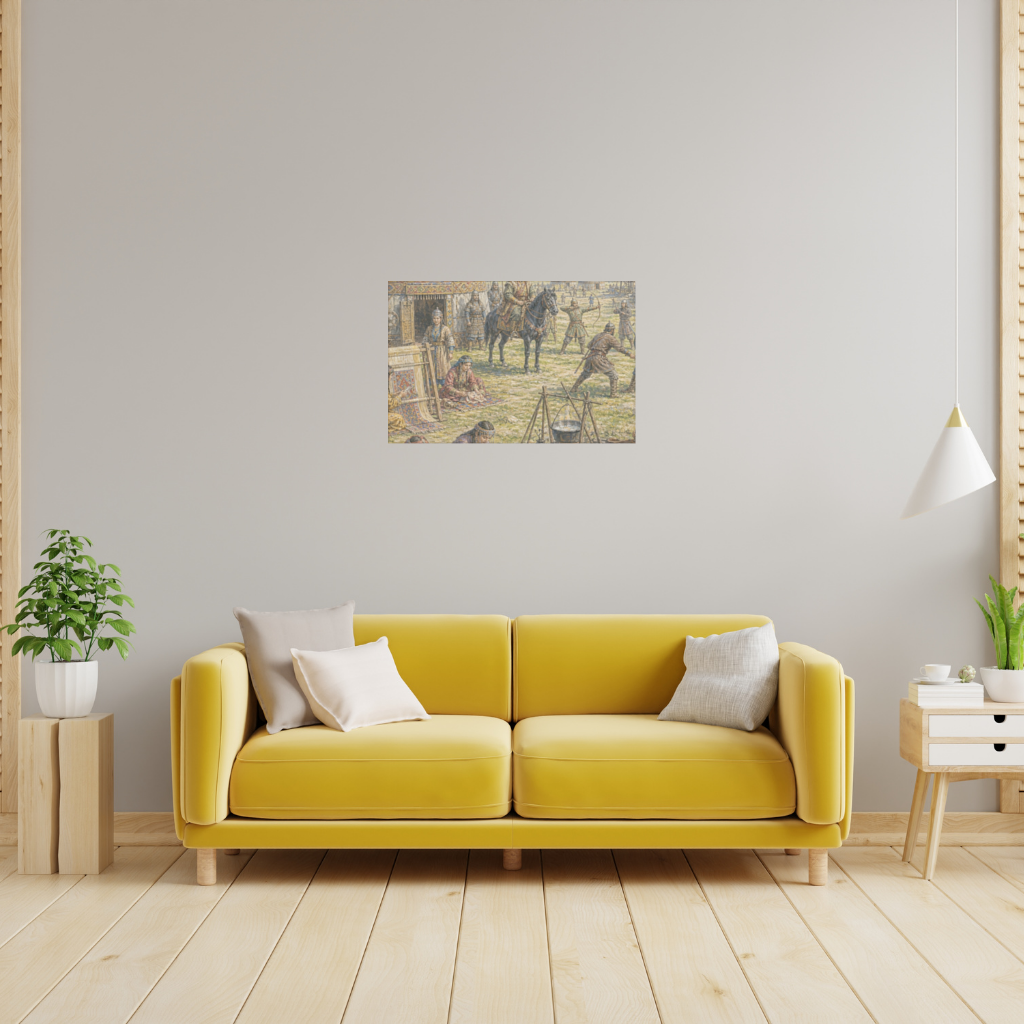 Ancient Steppe Heritage Historic Turkish Camp Scene Art Wall Tapestry