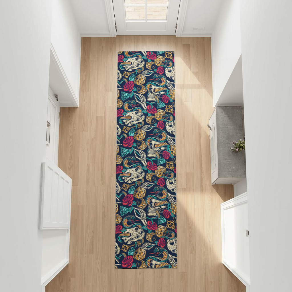 Skull Snake Dice and Roses Pattern Hallway & Entryway Rug