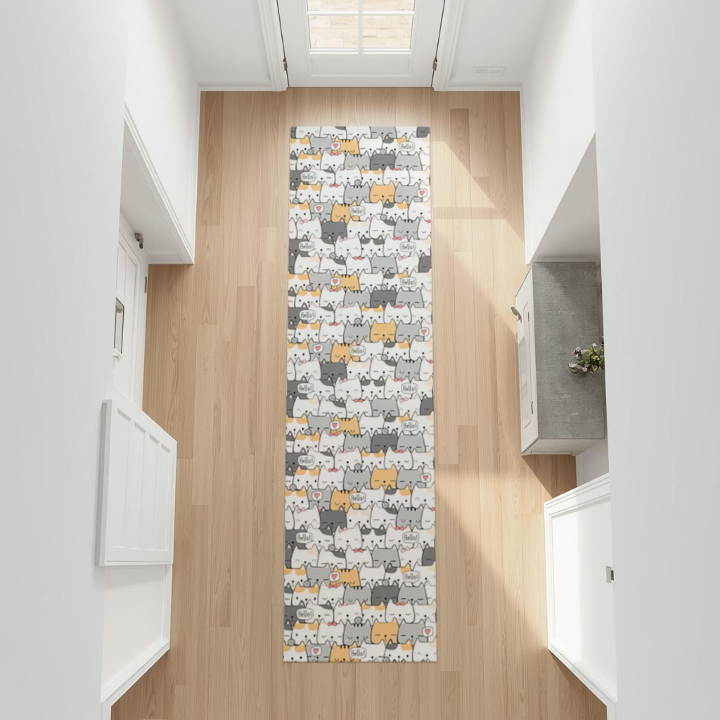 Konuşma Balonlu Sevimli Karikatür Kediler Deseni Antre ve Koridor Halısı