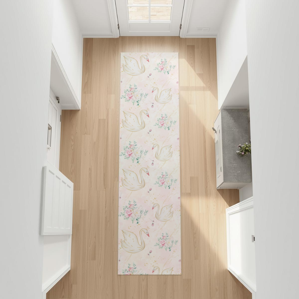 Pastel Watercolor Swan Floral Pattern Hallway & Entryway Rug