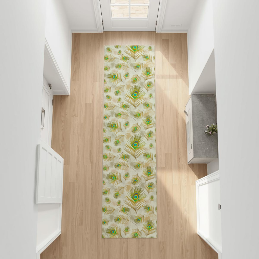 Elegant Peacock Feathers and Exotic Nature Seamless Pattern Hallway & Entryway Rug