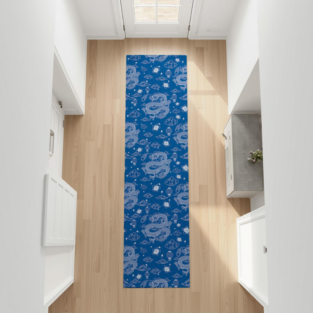 Traditional Dragon Pattern on Blue Background Hallway & Entryway Rug